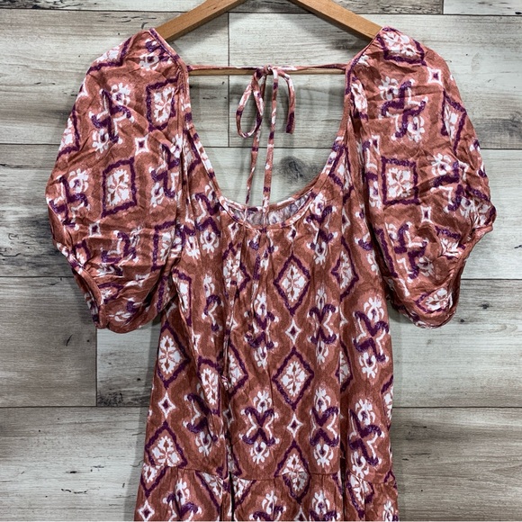 Knox rose women's size XL artsy batik rayon puff sleeve midi boho prairie dress - Picture 7 of 13